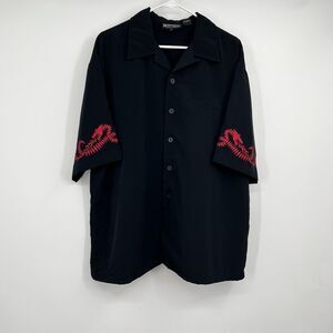 Mens VTG Y2K Dragonfly Black Button Shirt XL Red Embroidered Dragons Sleeves SS
